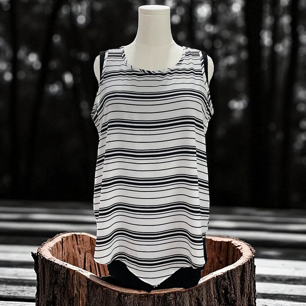 Papillon Striped Sleeveless Tunic Tank Top Black White Layered Coastal Casual